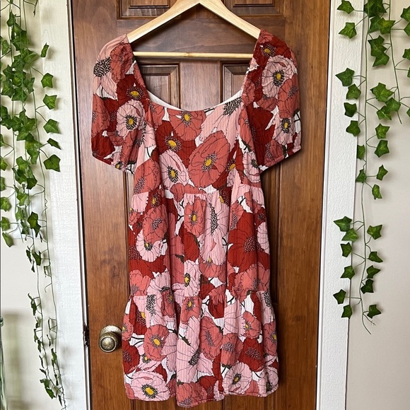 LOFT Dresses & Skirts - LOFT Poppy Square Neck Puffed Sleeve Tiered Mini Dress in Coral